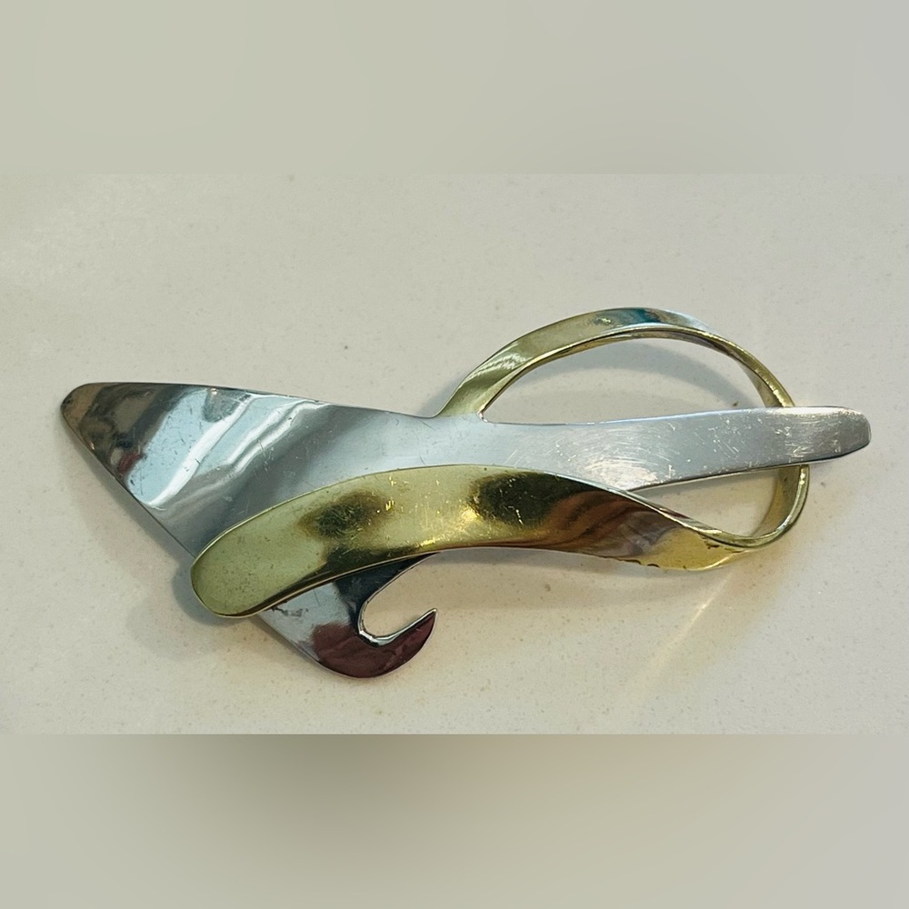 Vintage Signed Texaco Mexico Sterling .925 and Brass Pin Brooch Modernist Design